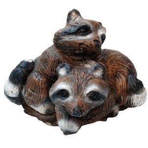 Playful Raccoons Cement Sculpture Signed Folk Art Concrete Vintage Home Garden Y
